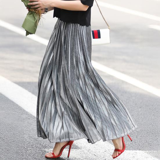 Women Maxi Skirt Elastic High Waist Pleated Golden Long Skirt Slimming Design Spring Summer Skirt Work Leisure Travel Wear
