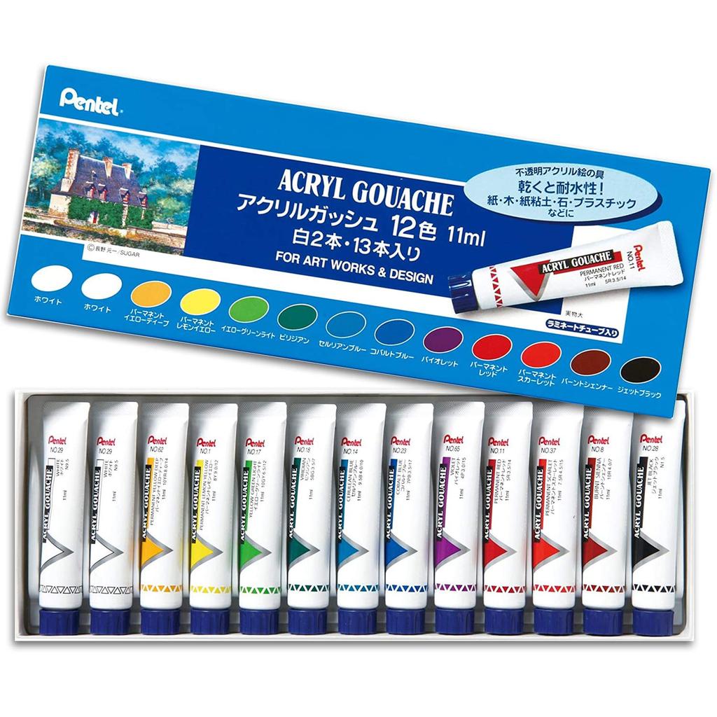 Pentel Acrylic Laminated 12 Colors Gouache, Tubes,