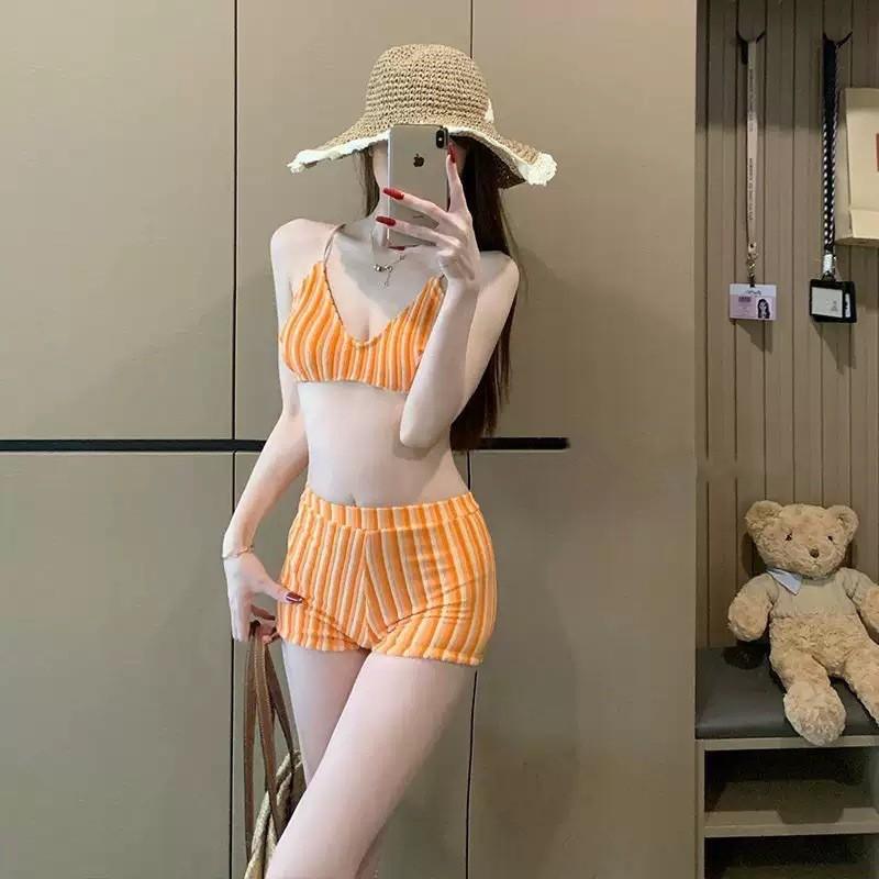 Swimsuit Women's Sexy Bikini Three-point Lace Stripe Small Chest Gathered Hot Girl Beach Vacation Swimming Suit