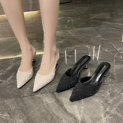 Половина драг моды маленький размер новые модные крутые тапочки острый нос шпилька высокие каблуки весна и лето 33 универсальные мюли облегающие сумка голова