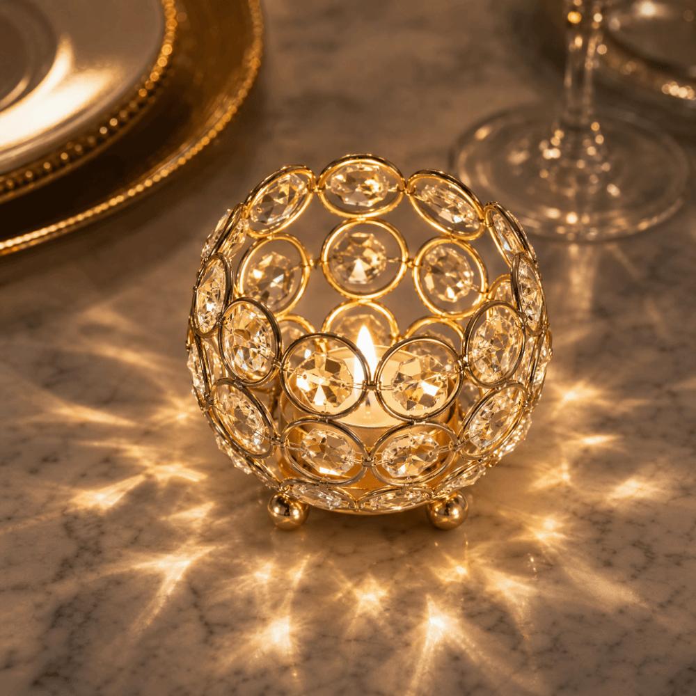 Gold Crystal Candle Holders 8cm Diameter Reflective Base Table Centerpieces Round Metal Base Tea Light Candle Holders