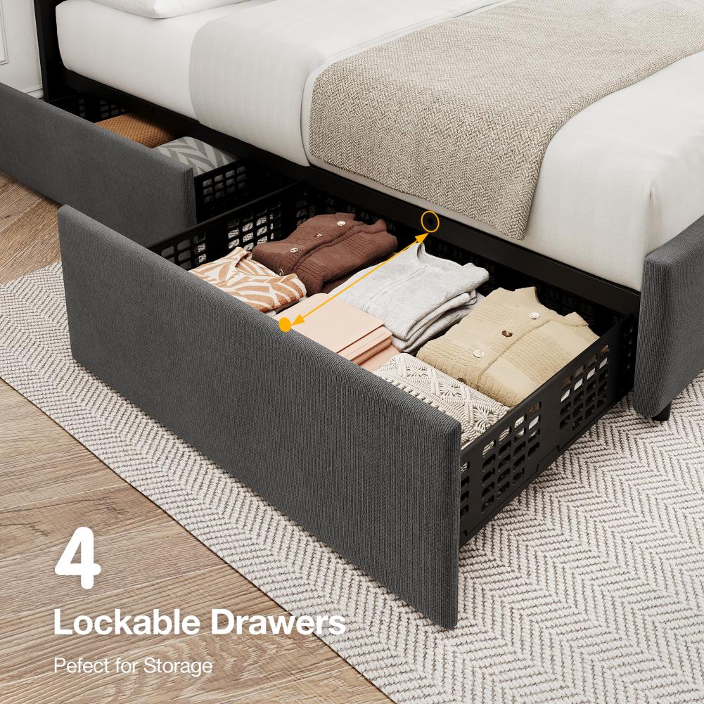 Кровать-платформа с обивкой размера «full/queen size» и ящиками для хранения вещей. Изголовье с деревянными планками. Пружинный блок не требуется.