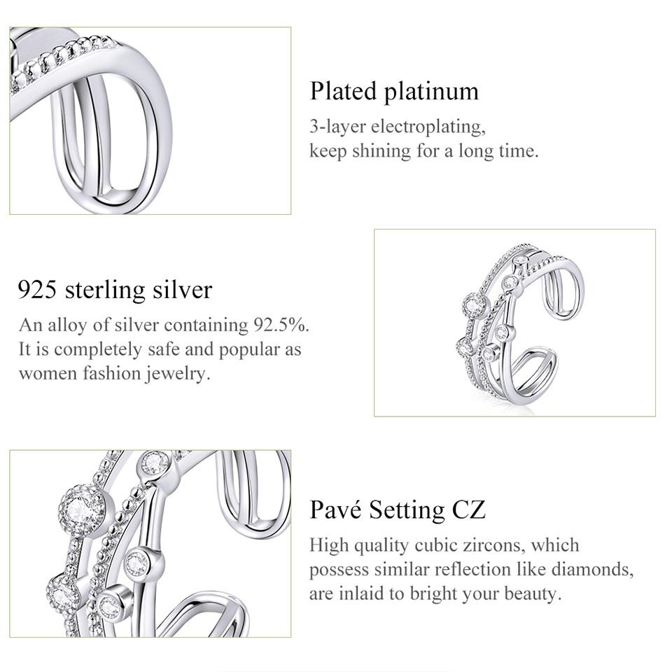 BAMOER из стерлингового серебра 925 пробы, многослойное кольцо с блестящими звездами для женщин, регулируемое массивное кольцо