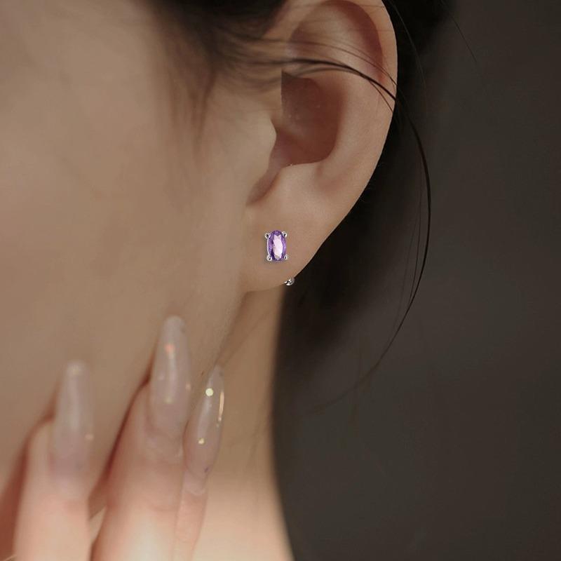 Серьги-гвоздики с четырьмя когтями из фиолетового циркония, бусины с винтами, темперамент, маленькая индивидуальность, милые фиолетовые бриллиантовые овальные серьги с винтами