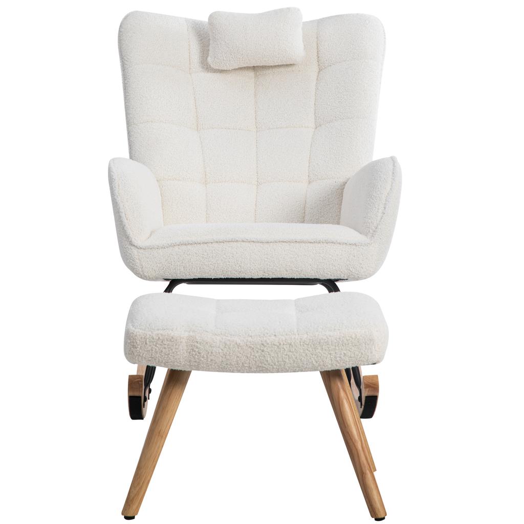 Ergonomic 92 cm High White Rocking Chair, Seat Width 65 cm - incl. 1 Pillow and 1 Footstool (49*38*38 cm), Rubberwood Base, Max. Load Capacity 250 lbs