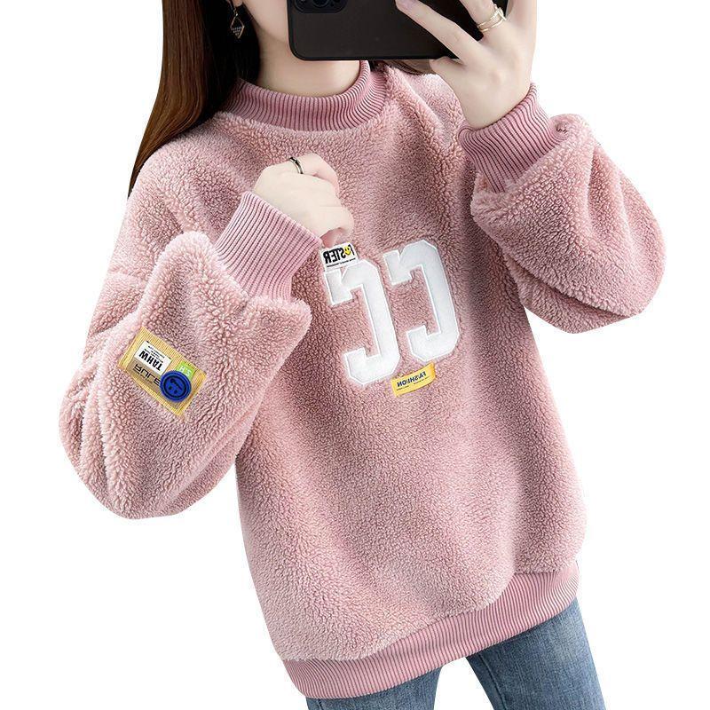 Свободный плюшевый и утолщенный женский свитшот из бархата с длинными рукавами из ягненка