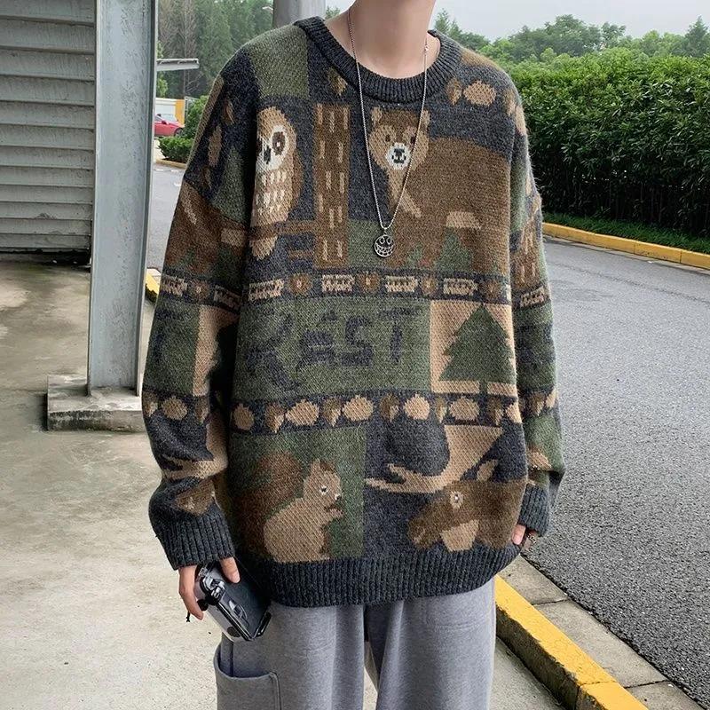 Winter Vintage Sweater Men Japanese Cute Bear Women Knitted Sweater Pullover Hip Hop Harajuku Streetwear Men Clothing Tops
