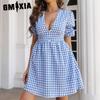 Женская мода лето весна клетчатый принт с короткими рукавами и v-образным вырезом с высокой талией повседневные платья