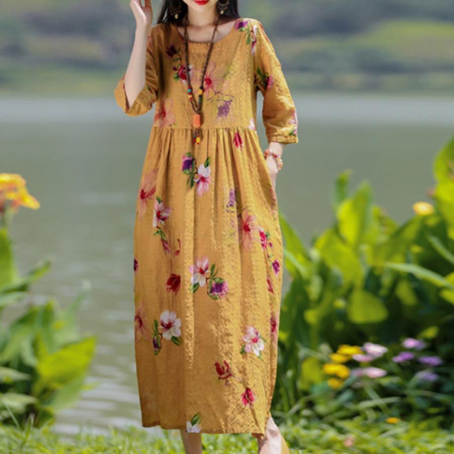 Этнический стиль Женское платье Лето Плюс Размер Принт Выше колена Рукав Семь Четвертей Длинные Платья