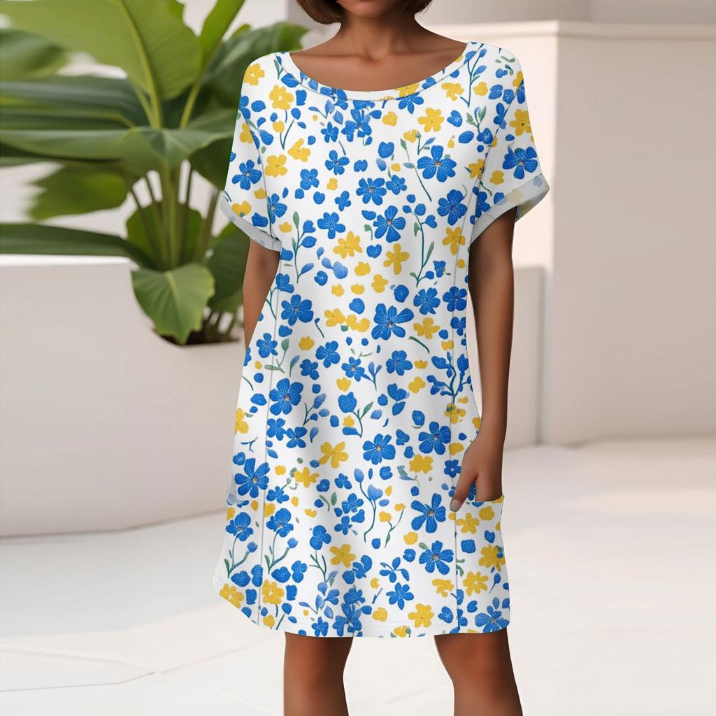 Women's Fashion Short Sleeve Dress With Pockets Floral Print Casual Beach Dress