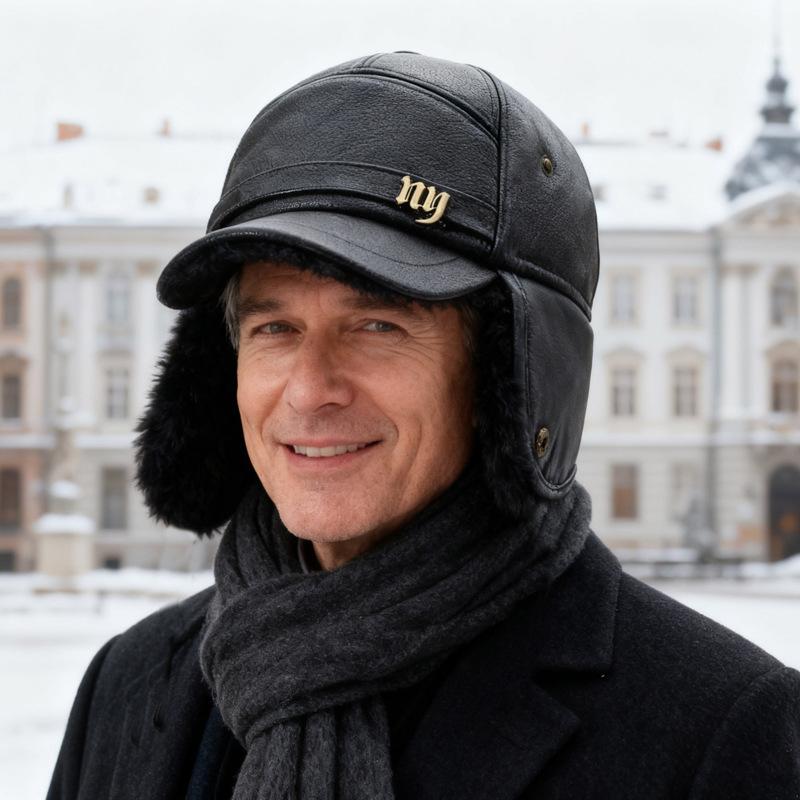 Men's Leather Hat Winter Warm Ear Protection Hat for Middle-Aged and Elderly People Bomber Hat Thick Cold-Proof Cap