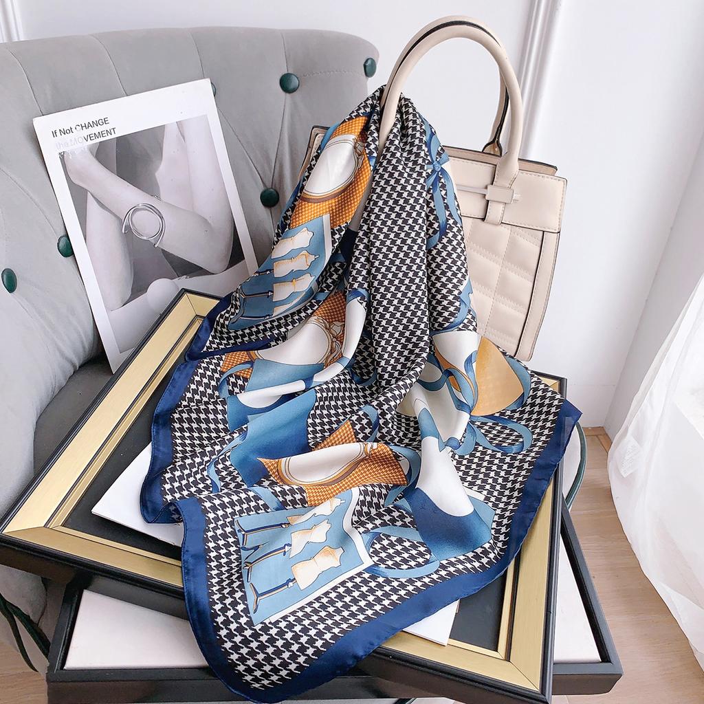 Silk Scarf Female Stripe Black and White Printing Spring and Summer New Decoration Simple Fashion Simulation Silk Square Scarf