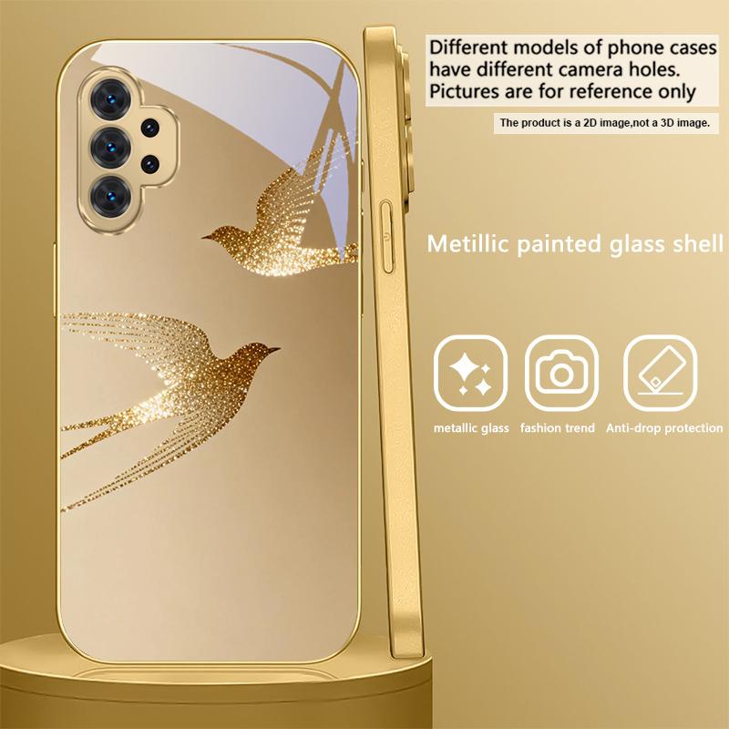 golden flying bird For Samsung A 31 32 A33 A34 35 14 A15 13 A16 25 26 50 52 53 54 55 56 70 71 72 73 Golden glass phone case