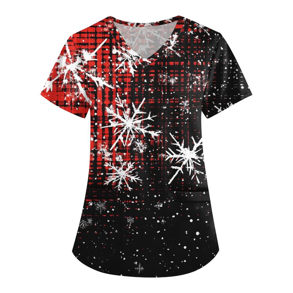 Женская симпатичная рабочая одежда с принтом, V-образным вырезом, двухслойными карманами, базовым коротким рукавом, пуловером на Рождество