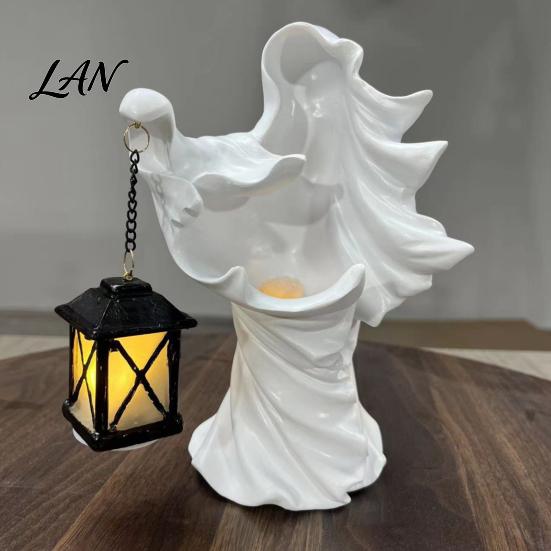 Decorative Lighting for Weddings Halloween Ghost Messenger Resin Figurine, Witch Statue with Lantern, Waterproof Indoor Outdoor Thanksgiving Christmas