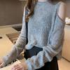 Off-the-shoulder Knitwear Loose Round Neck Pullover Long Sleeve Thin Hollow Out Top Spring Autumn Lazy Style