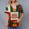 Women's Christmas Print V-Neck Double Pocket Short Sleeves Hem Slit Uniform And Caregiver Top