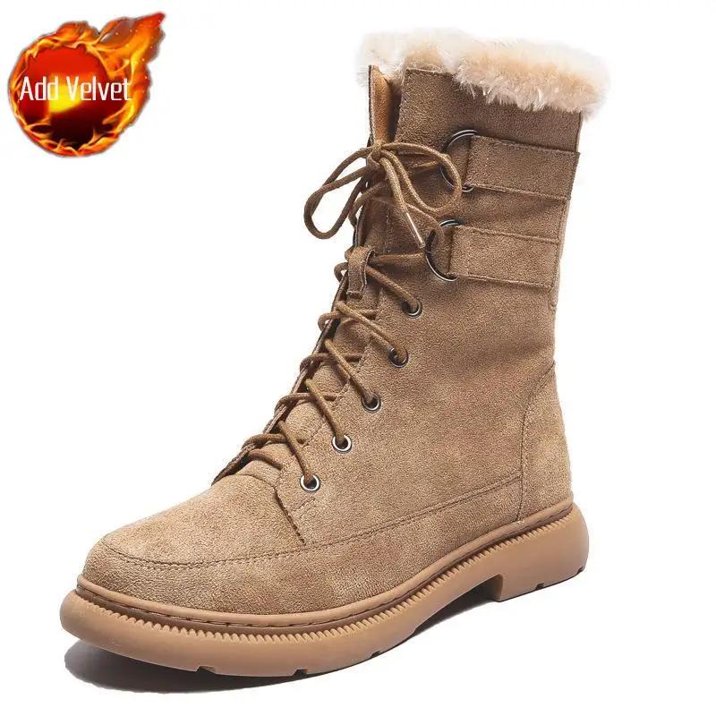 Элегантные женские зимние ботинки на среднем каблуке с круглым носком, на шнуровке, весна-осень, меховые ботинки из овечьей шкуры, демисезонные, размер 39, женская обувь