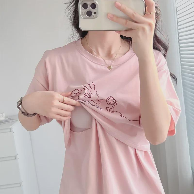 Summer Cotton Maternity T-Shirt for Nursing, Postpartum Wear with Flip-Up Opening, Versatile Bottoming Shirt for Moms