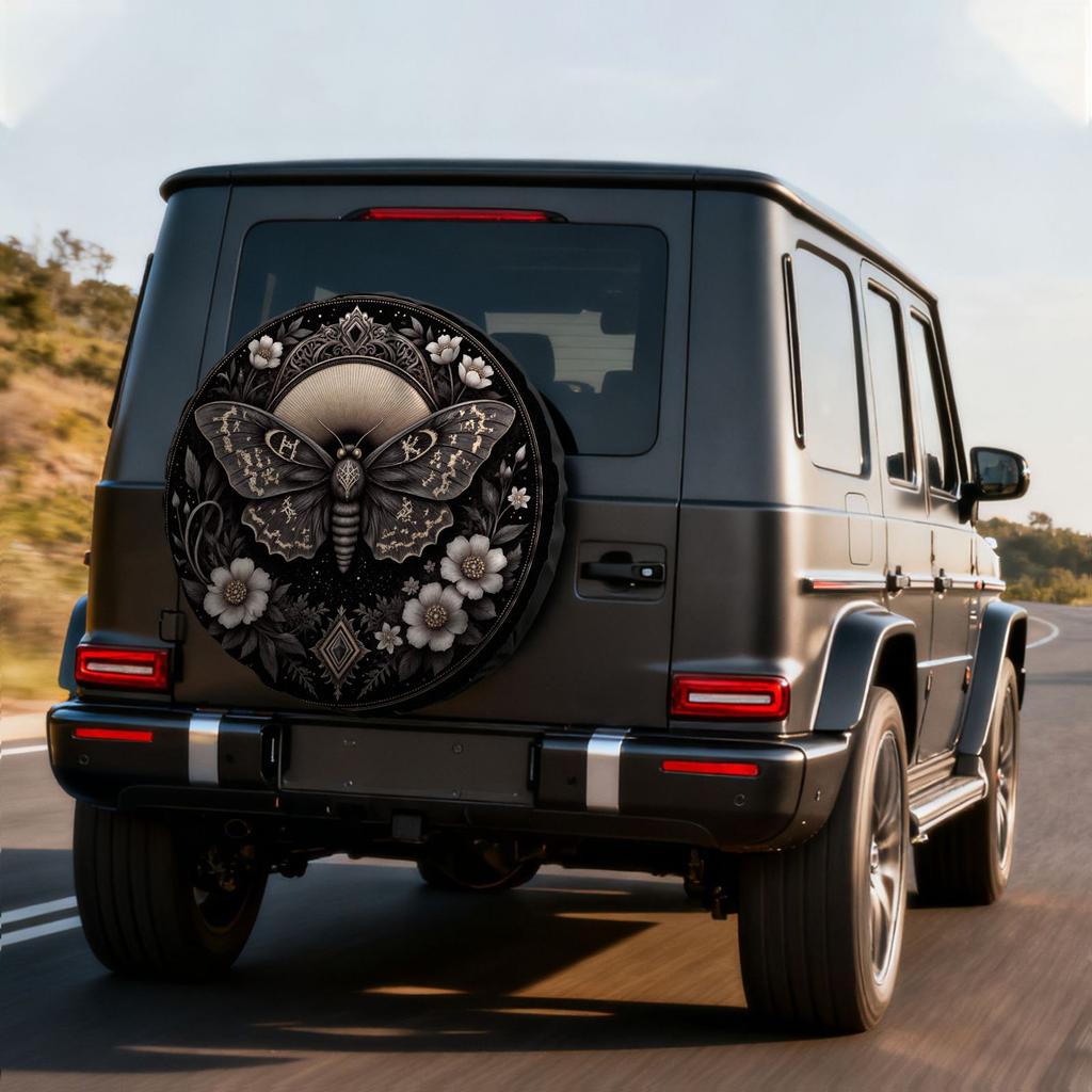 Vintage Gothic Style Tire Cover With A Black Background And Golden Moth Pattern, Made Of Polyester Fiber For Tire Protection. Fe
