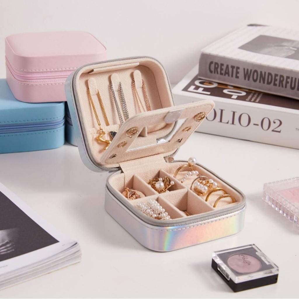 Classic Leather Jewelry Box With Mirror For Earrings And Rings Storage