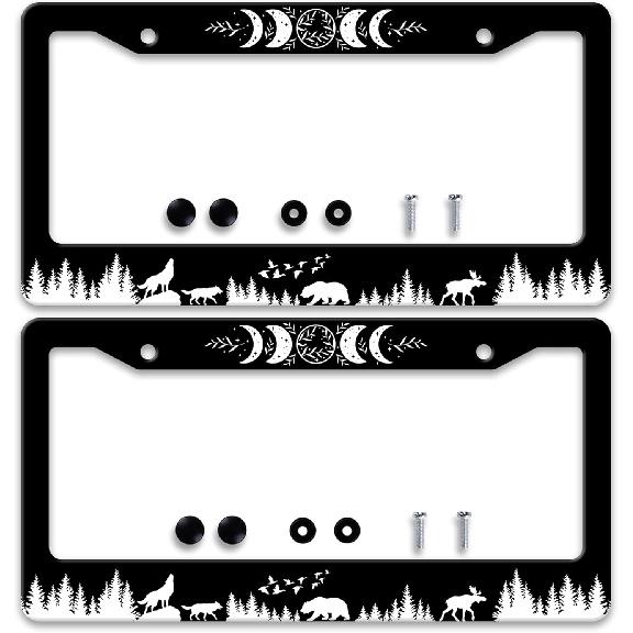 2 Pcs Grey Black Leopard Print License Plate Frame Cheetah License Plate Frames Personalise Stainless Steel Funny Design Compatible with Standard