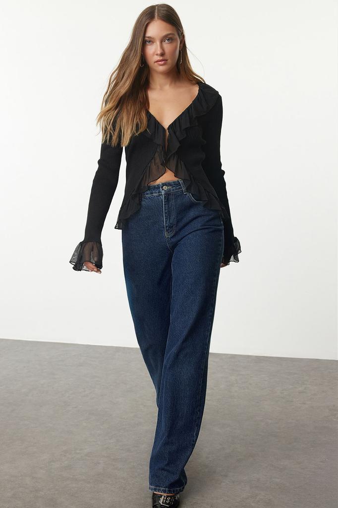 Women's Elegance Style Cardigan Black Tulle Detailed Knitwear Cardigan