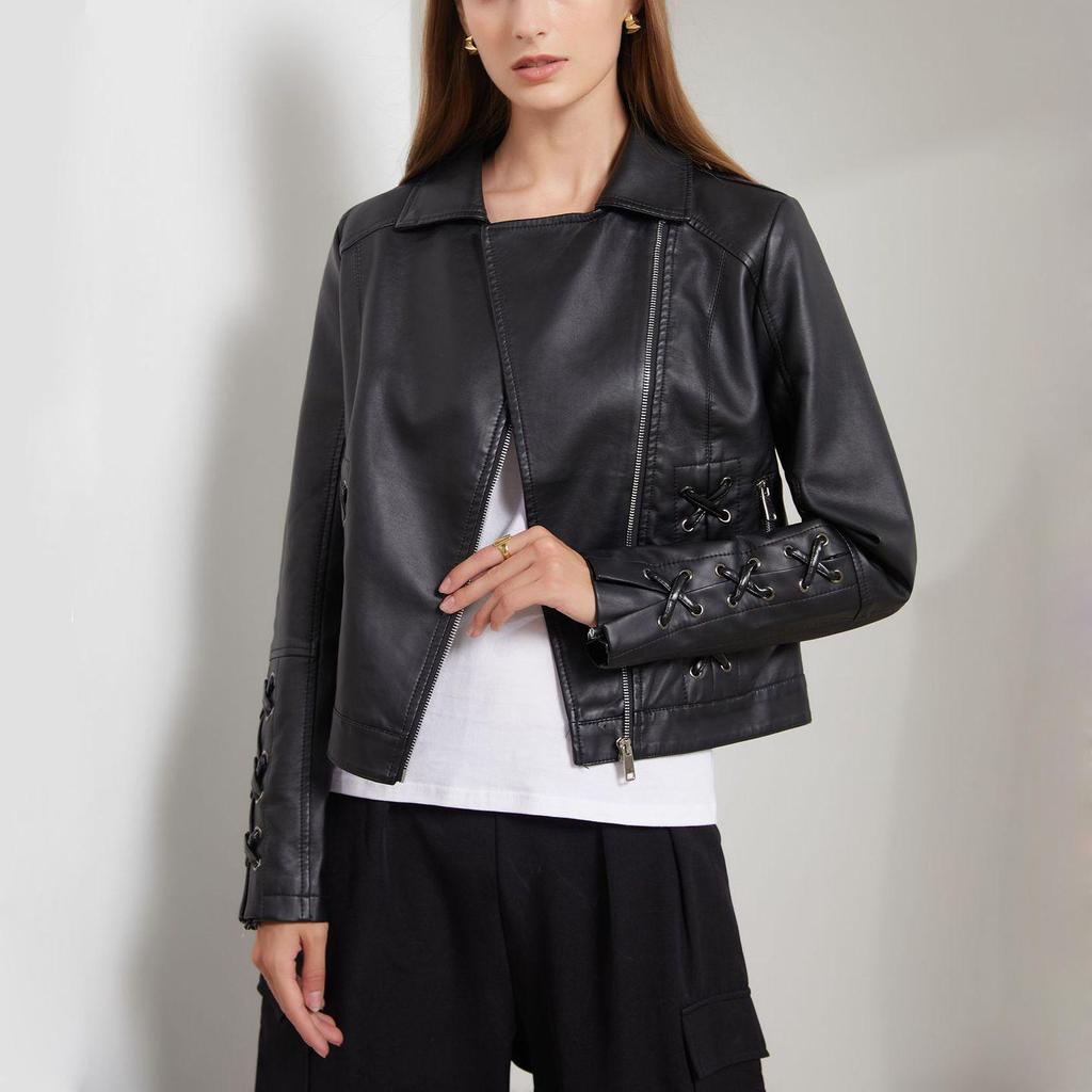 Женская асимметричная укороченная куртка из искусственной кожи на молнии из искусственной кожи, байкерское короткое пальто, тонкая верхняя одежда, винтажная укороченная куртка со шнуровкой, мотоциклетный бомбер, осень-весна, новинка
