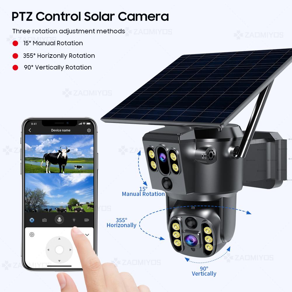 4G SIM-карта, солнечная, двойной объектив/вид 4K WIFI, беспроводная IP-камера PTZ, наружная, PIR-обнаружение, безопасность, ночное видение, наблюдение