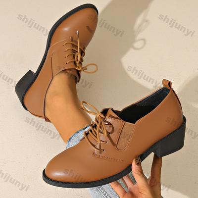 Модные женские элегантные туфли на массивном каблуке со шнуровкой, модные однотонные кожаные туфли, женские черные лоферы на среднем каблуке с острым носком, большой размер 43