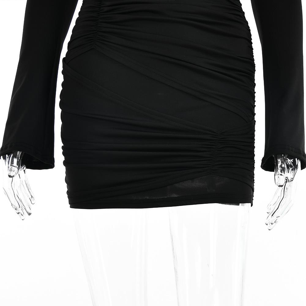 Женское осеннее элегантное вечернее платье для ночного клуба с длинным рукавом и вырезом, сексуальное мини-платье с рюшами