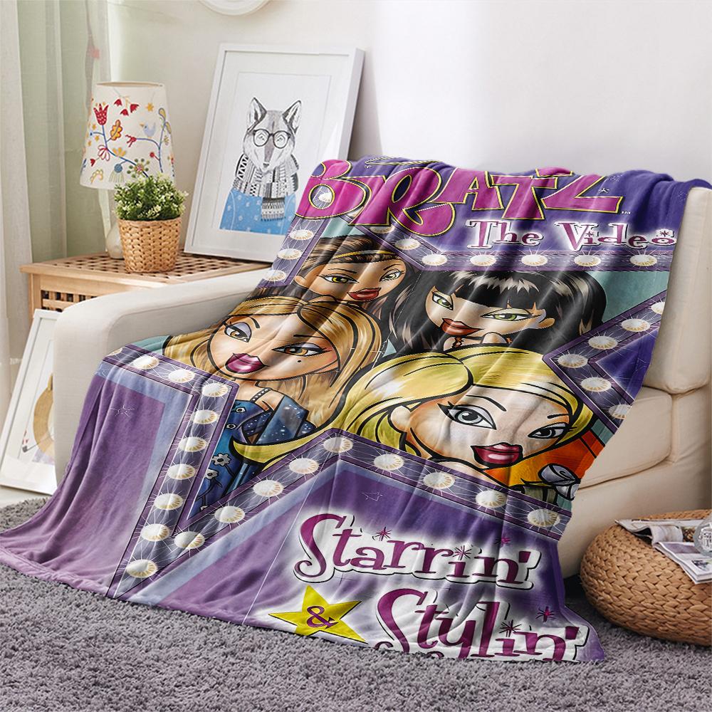 1 шт. Фланелевое одеяло с принтом Bratz, Высококачественное, Для всех сезонов, Декор для дома, Тепло и уют, Идеально для рождественских подарков