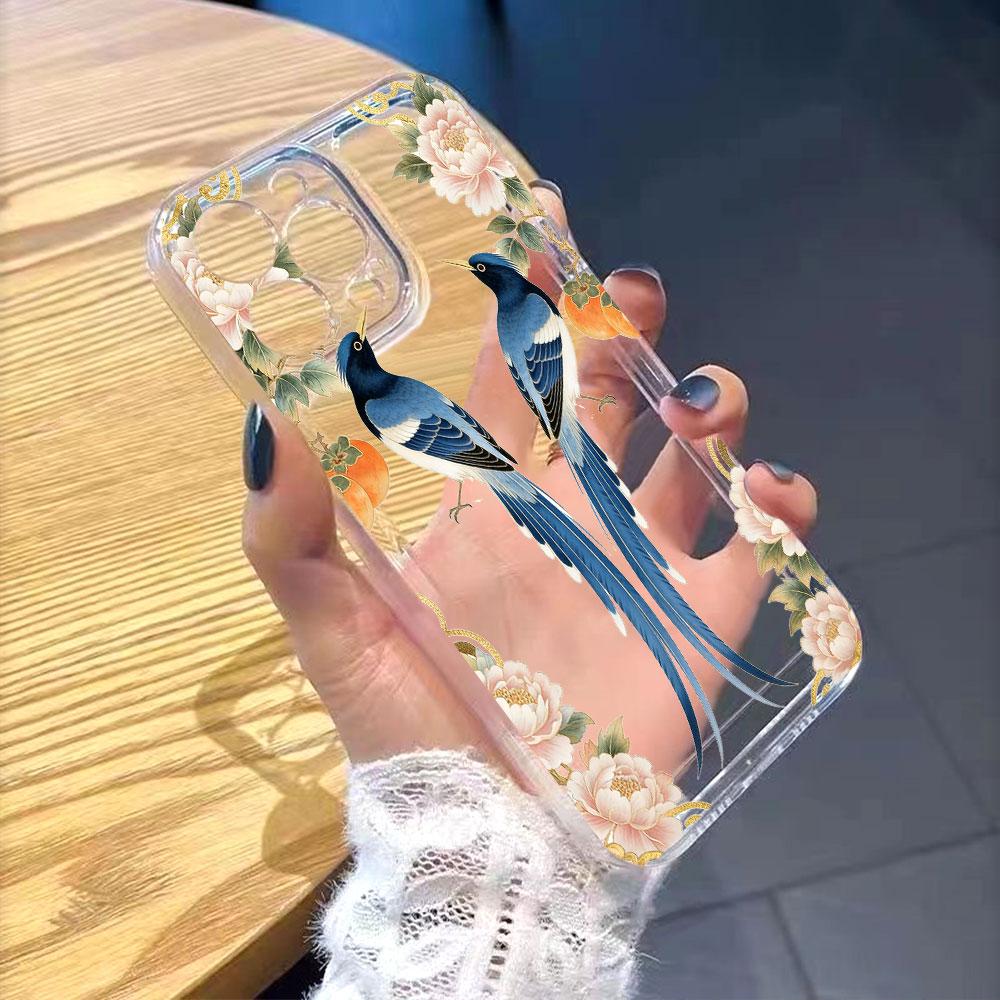Прозрачный чехол для телефона «Сороки и Пионы» для IPhone 14 15 16 13 12 11 17 Pro Max 12 13 Mini Мягкая крышка
