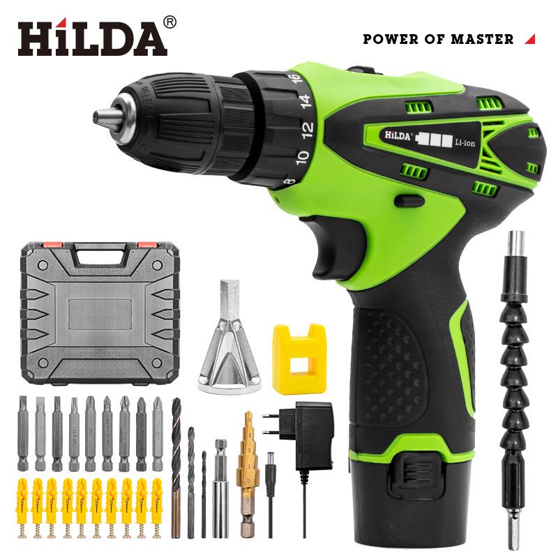 Hilda 12V Dual-Speed Cordless Screwdriver Drill with Rechargeable Lithium Battery, LED Light, and 2 Waterproof Hand Pieces