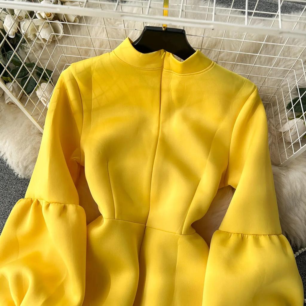 Милое стильное женское платье с бантом на шнуровке и фонариком с длинными рукавами, однотонные платья с высокой талией, осень-зима 2024, новинка 2024 г.