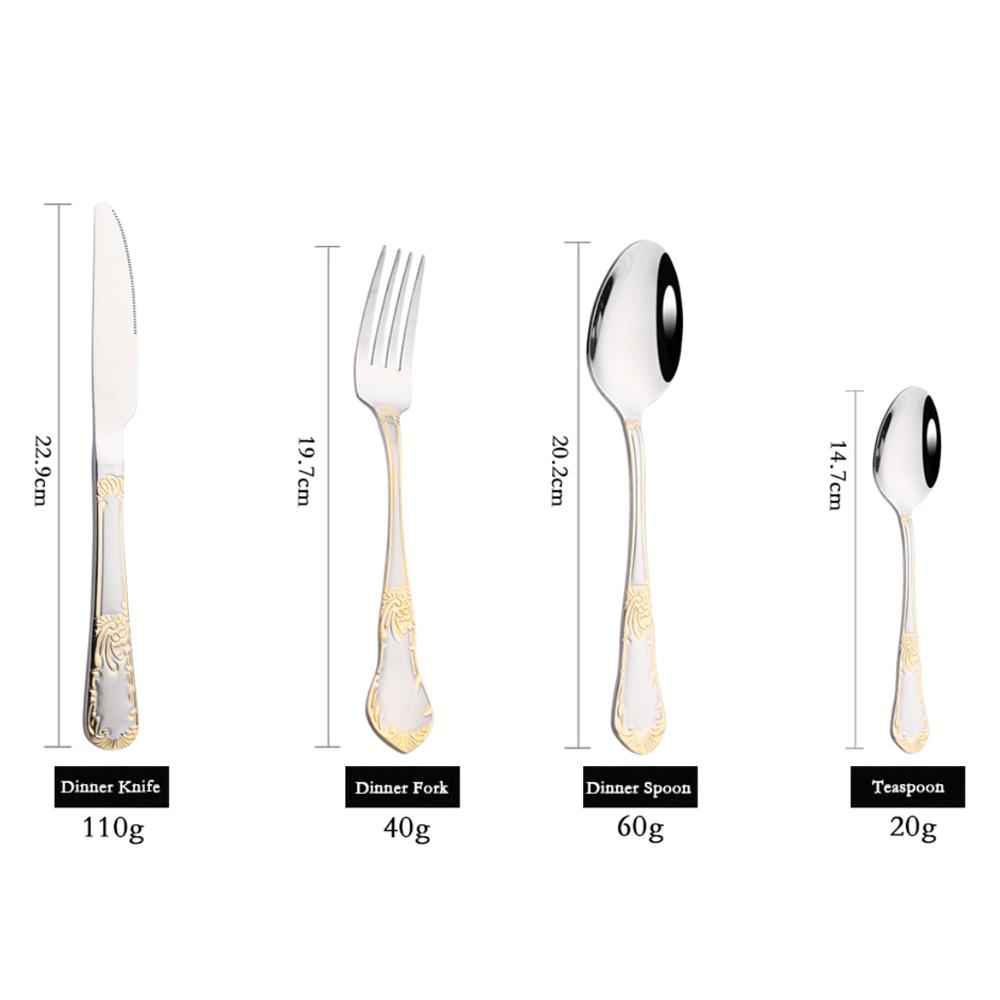 24Pcs Gold Flower Pattern Cutlery Set 18/10 Stainless Steel Tableware Set Knife Fork Tea Spoon Dinnerware Silverware Kitchen Flatware