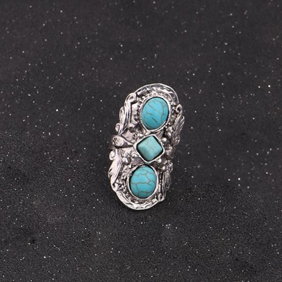 Каменные кольца Богемный стиль Регулируемое кольцо из зеленого камня с резным цветком и овальным отверстием