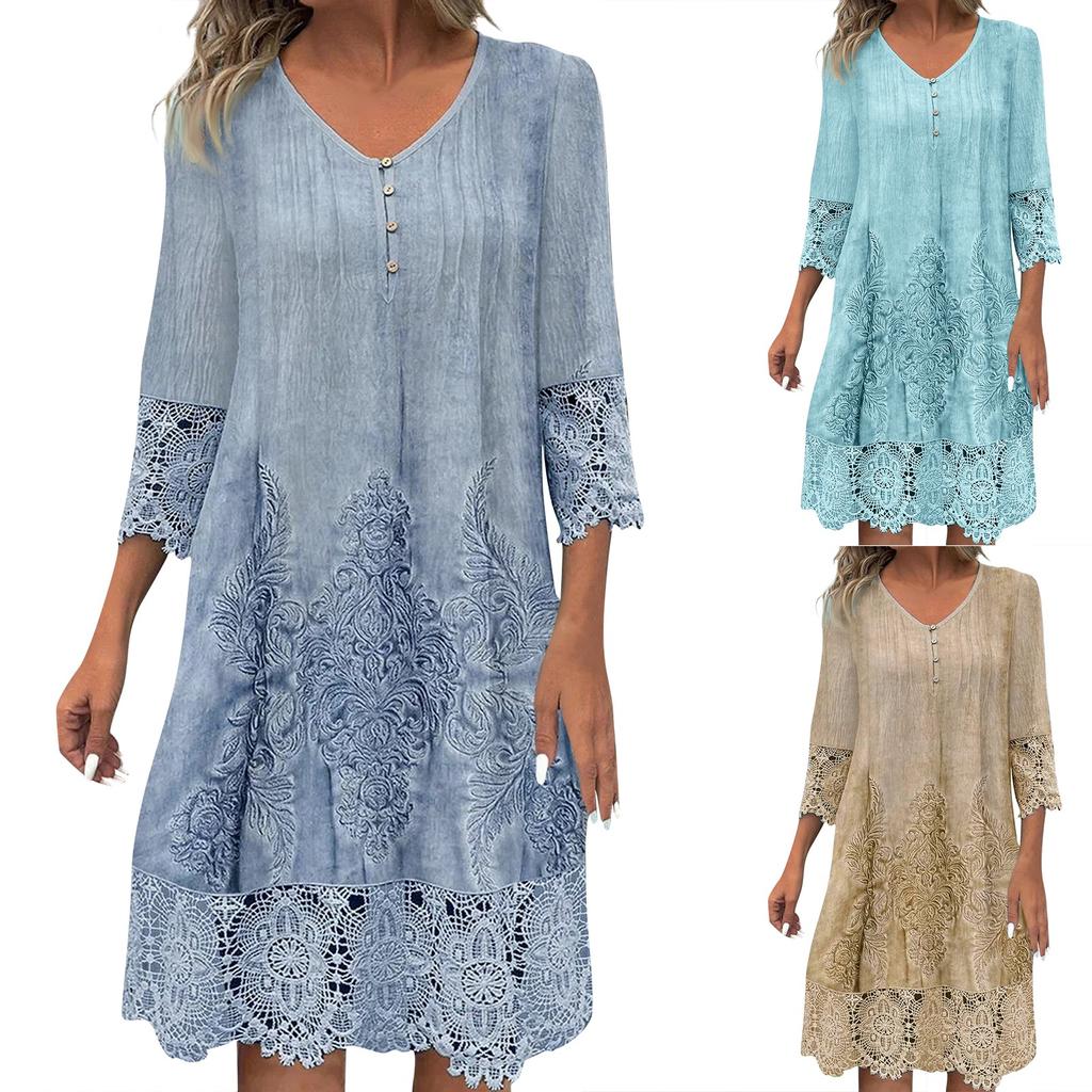 Женское летнее модное повседневное платье с v-образным вырезом и кружевным платьем с принтом