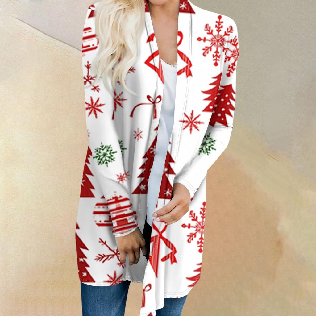 Женская мода повседневная куртка-кардиган средней длины с принтом рождественской елки