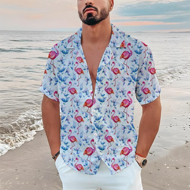 TEMU European and American popular Flamingo series 1D printing summer casual lapel button-down shirt short sleeve
