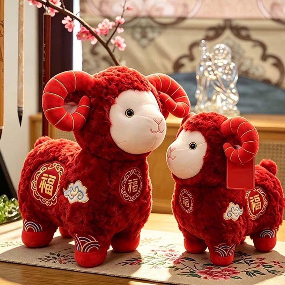 Soft Auspicious Ram Doll Embroidered Red Goat Mascot Zodiac Sheep Plush Office Desk
