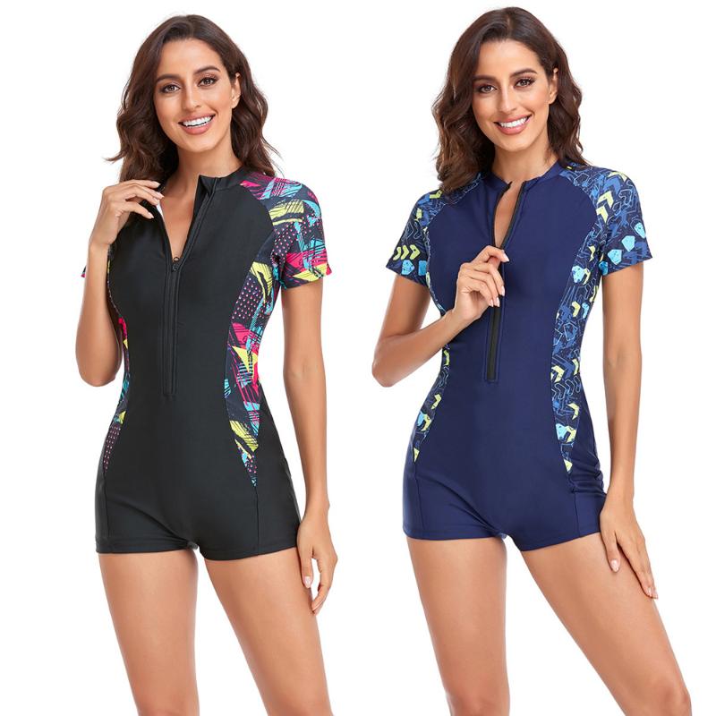 Женский купальник с короткими рукавами, рашгарды на молнии, комбинезон для серфинга, дайвинга, плавания, купальный костюм