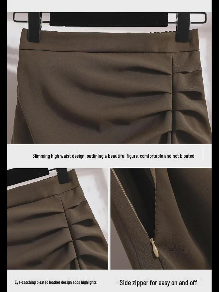 Женская высококачественная черная юбка с разрезом — средняя длина, высокая талия, облегающий крой на весну и осень 2024 г.