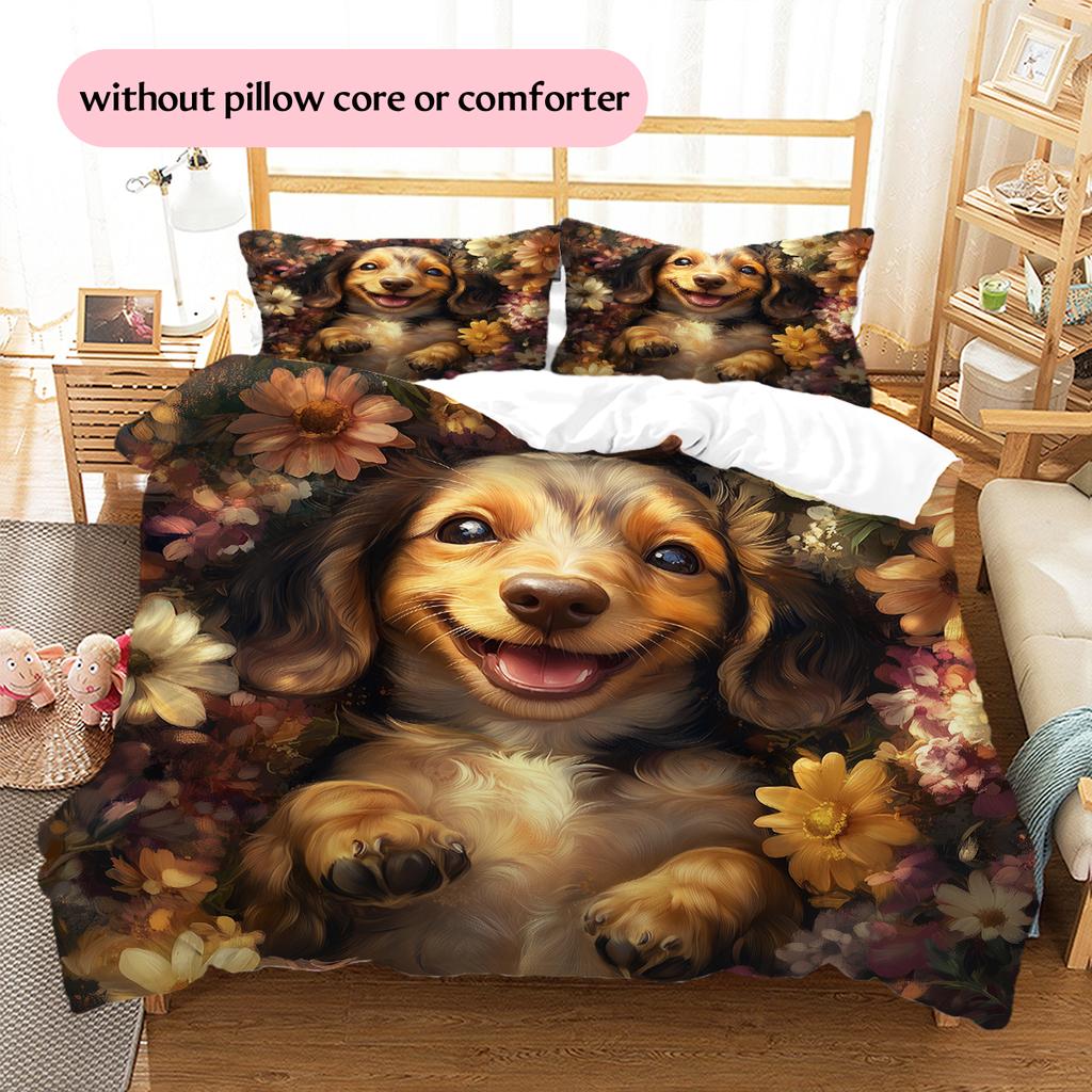 Happy Dachshund Pattern Bedding Home Decoration Birthday Gift (1 * duvet cover + 2 * pillowcase, without core)