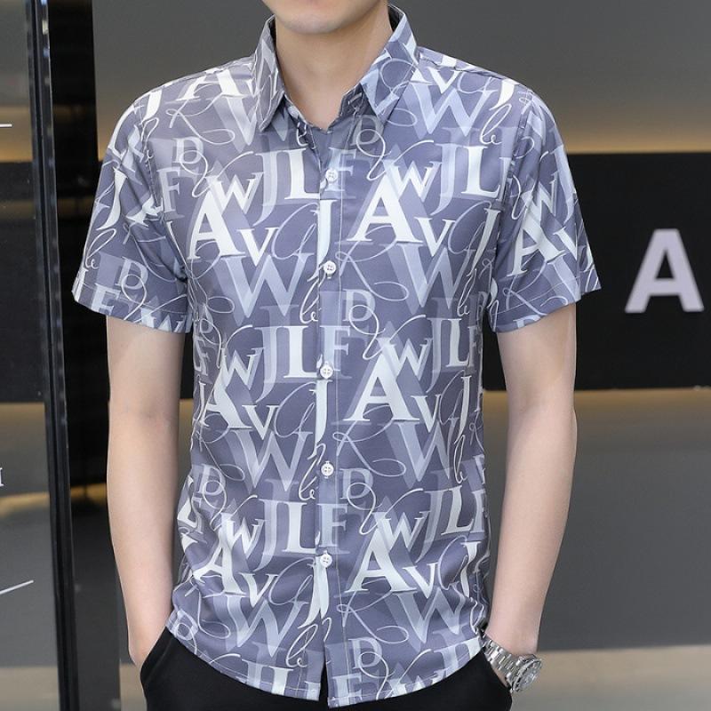 Shirt Men's Versatile Summer Trend Summer Gang Handsome Short-sleeved Ice Silk Shirt Short-sleeved Thin Section of Men's Casual Tops