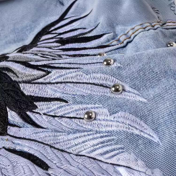 Men's Plus Size Sleeveless Biker Denim Vest with Wing Embroidery & Rivets