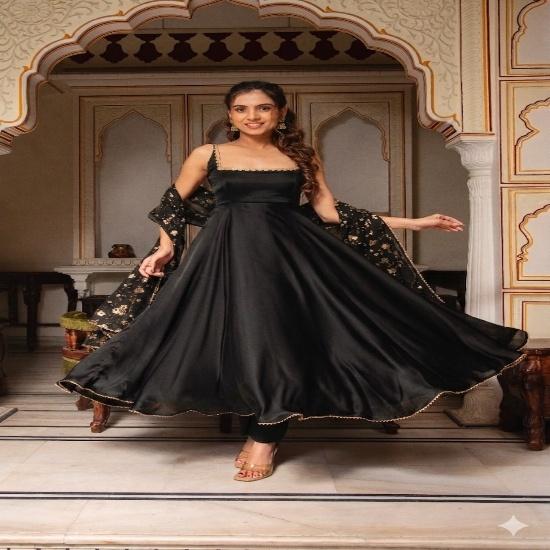 Ethereal Silk Anarkali Gown Sets with Sequined Floral Net Dupatta