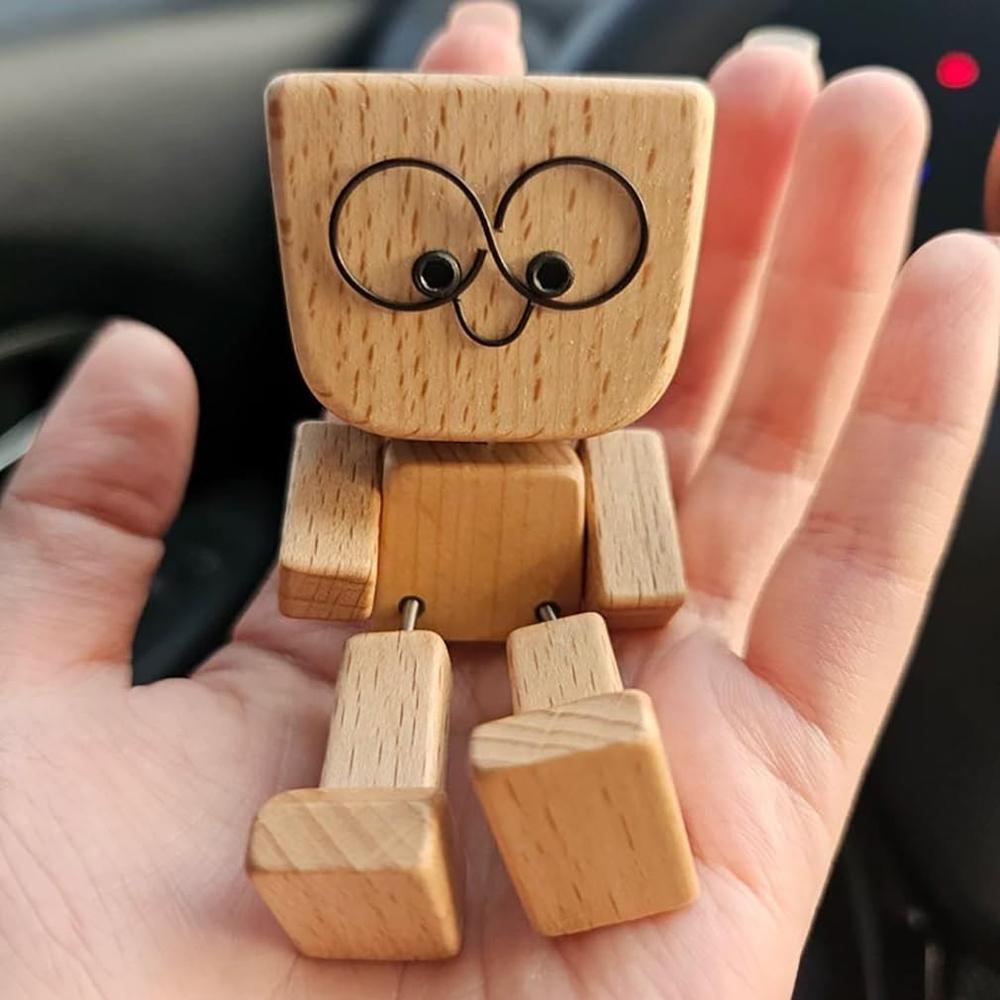 Sets Shaking Feet Woodens Doll with 12Pcs Magnetic Expressions, Handmade Shaking Wooden Man Car Dashboard Decoration