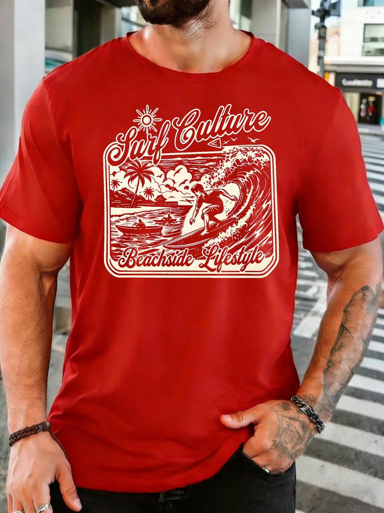 Unisex Retro Surf Culture Beach Surfer Graphic Cotton Short Sleeve Tee Crew Neck Soft Male Summer Casual Breathable Street Top