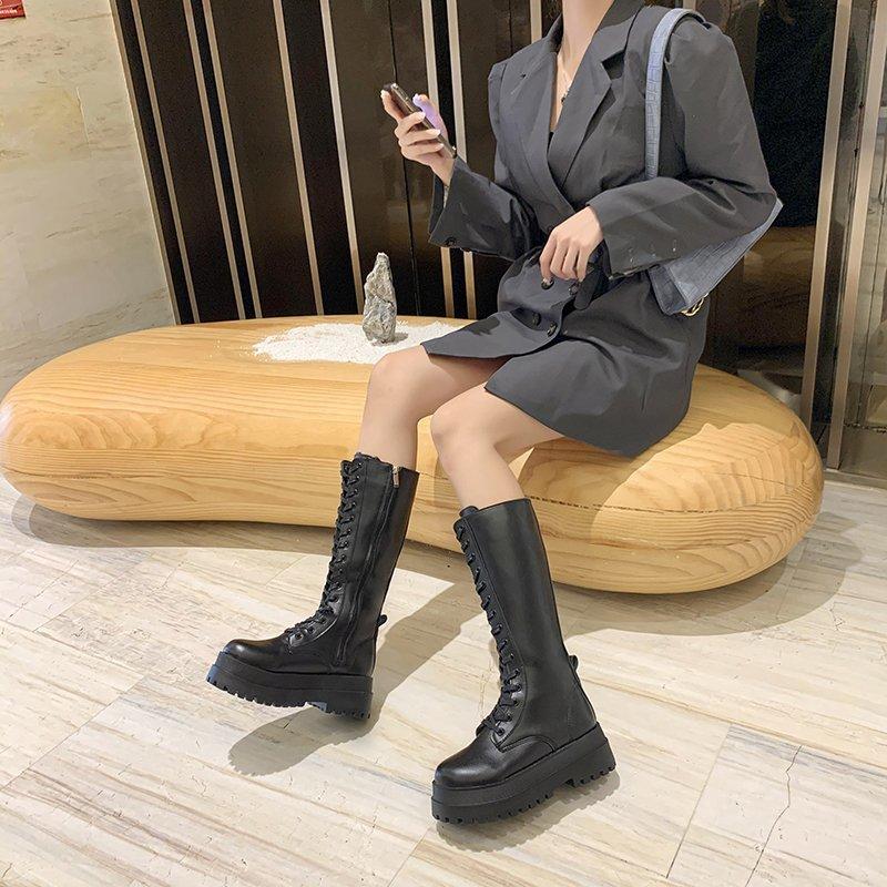 Модные женские сапоги на высокой платформе в готическом стиле, черные кожаные сапоги на шнуровке, женские сапоги до колена, простые осенне-зимние туфли
